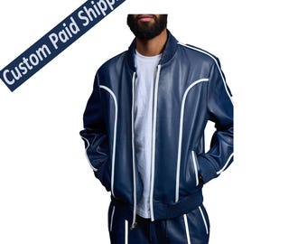Men’s Handmade Navy Leather Tracksuit | Streetwear Bomber Jacket Set