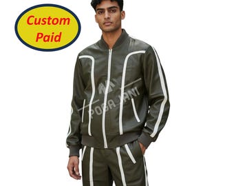 Men’s Olive Green and White Stripe Leather Track Suit | Luxury Cowhide Tracksuit Set | Handmade Bomber Jacket & Pants | Streetwear  Outfit