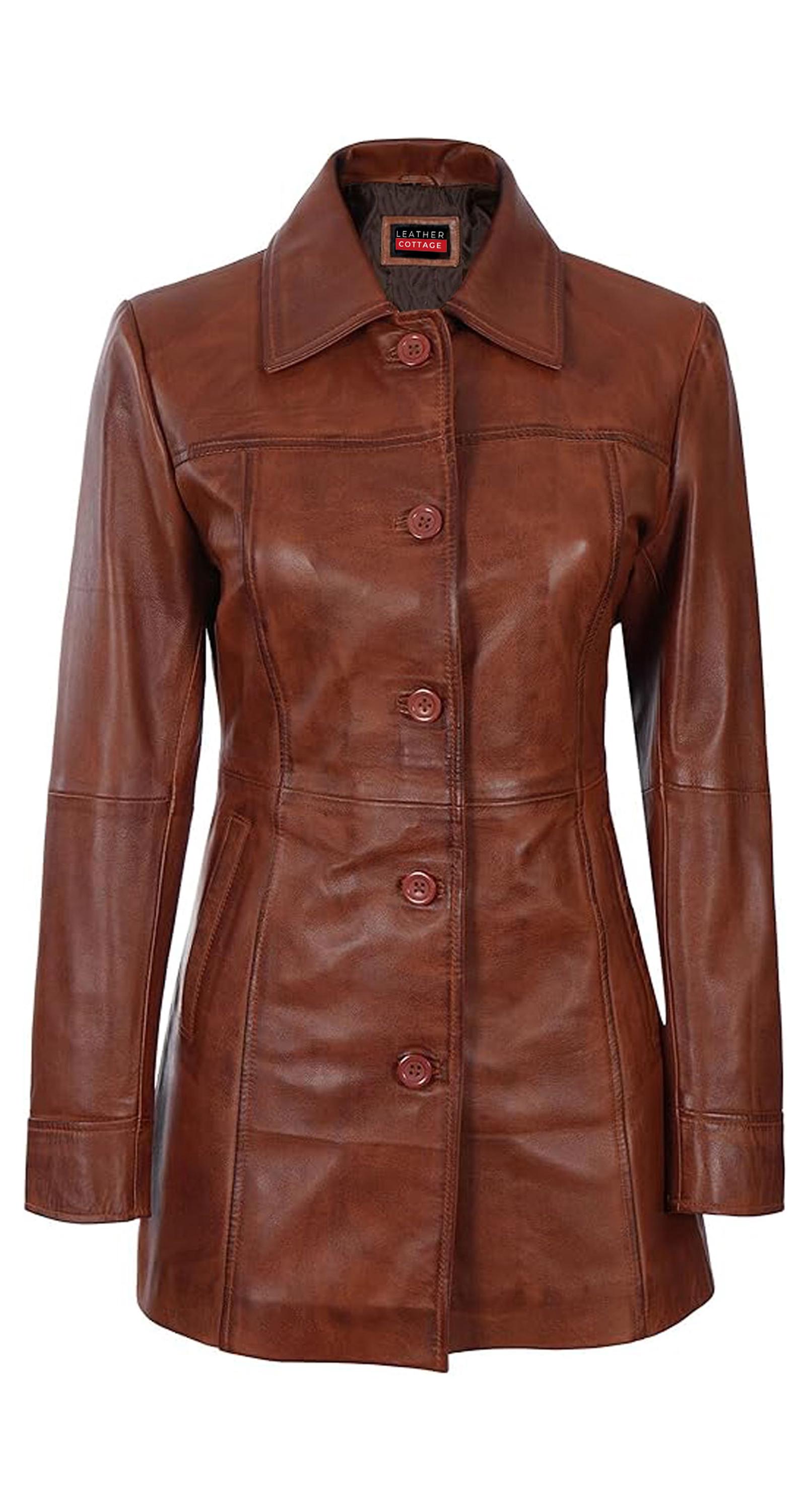 Handmade Sheep Leather Trench Coat: Women's Tan Brown Winter Coat
