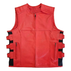 Men&#39;s RED & BLACK Real Cowhide Leather Vest - Biker&#39;s SWAT Style Waistcoat for Men Satin Lining Bullet Proof Style Vest - Custom Made