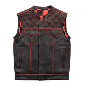 Men&#39;s Black Real Cowhide Leather Club Vest - Black Red Checker Lining Waistcoat -  Biker&#39;s Vest - Motorcycle Diamond Padding Jacket