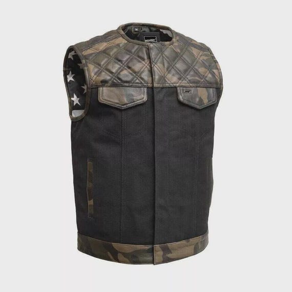 Men's Black Leather Motorcycle Vest: Camo Denim, Diamond Quilted - Main Image