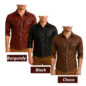 May include: Three leather shirts in burgundy, black, and chocolate brown. Each shirt has a button-down front, two chest pockets, and a classic collar. The shirts are displayed on a white background.
