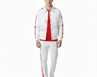 Men’s Leather Track Suit – Real Lambskin Leather Sweatsuit | White and Red Designer Tracksuit Luxury Biker Style Outfit for Jogging