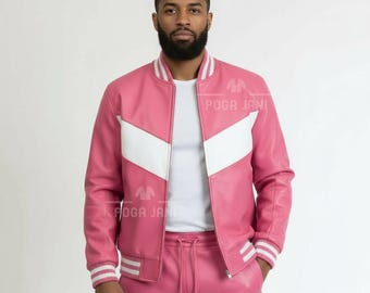 Pink and White Cowhide Leather Tracksuit for Men With Fast Shipping
