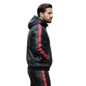 May include: Black leather jacket with a red stripe down the sleeves. The jacket has a hood and a zipper closure. The text "POGA JANI" is printed on the bottom of the jacket.