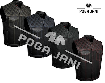 Men’s Black Leather & Denim Motorcycle Vest | Diamond Quilted Biker Waistcoat