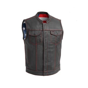 Men&#39;s Black Cowhide Leather Club Motorcycle Vest USA Flag Inner Lining Biker Waistcoat with Red Stitching - Handmade Hunt Club Riding Vest