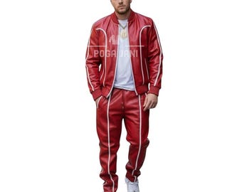 Conjunto deportivo de cuero auténtico para hombre – Conjunto de piel de vacuno roja y blanca / Conjunto deportivo de lujo hecho a mano / Conjunto deportivo urbano estilo streetwear / Conjunto de motociclista de lujo