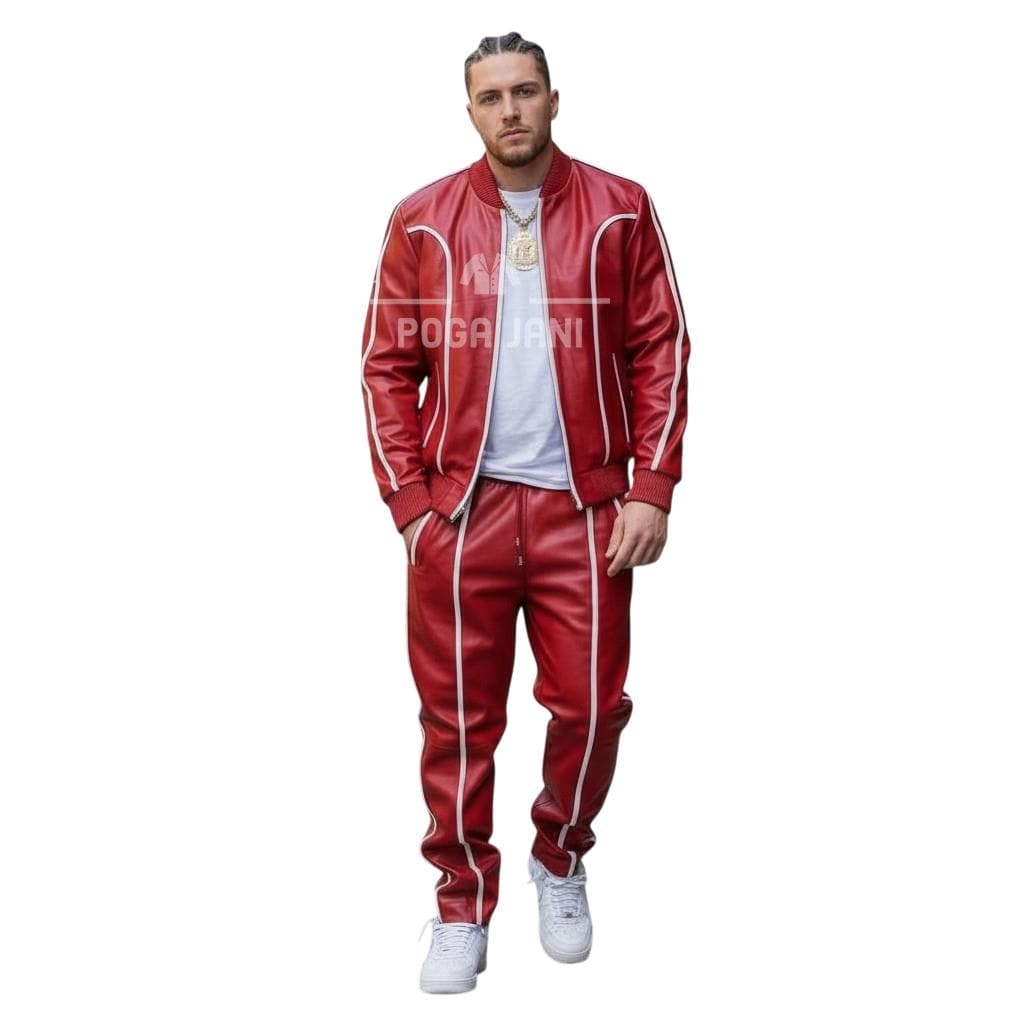 Men's Real Leather Tracksuit - Red and White Cowhide Set Handmade Luxury Jogger Outfit Urban Streetwear Tracksuit - Luxury Biker Outfit