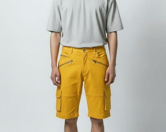 Yellow Genuine Leather Cargo Shorts for Men – Street Style, Moto & Casual Wear