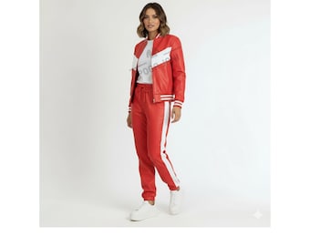 Handmade Red Cowhide Leather Tracksuit | Striped Jacket & Pants