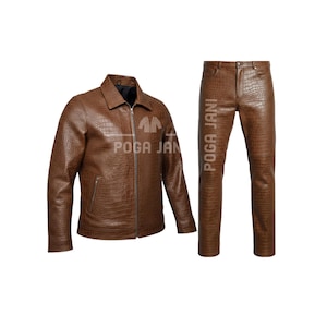Braune Krokodilprägung Schaffelllederjacke und Hosenset - Slim Fit Streetwear-Outfit