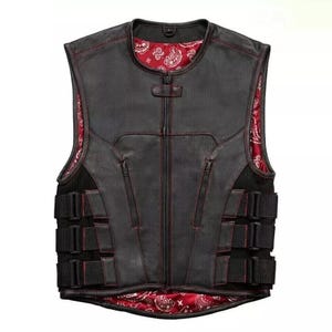 Men&#39;s Bullet Proof Style Vest Genuine Cowhide Leather Vest - Biker&#39;s SWAT Style Leather Waistcoat for Men Red Paisley Lining - Gift for Him