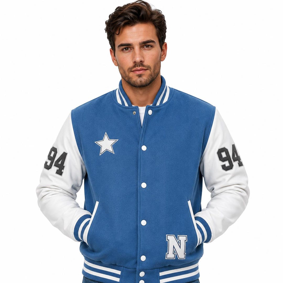 Blue Custom Embroidered Leather Varsity Jacket College Letterman