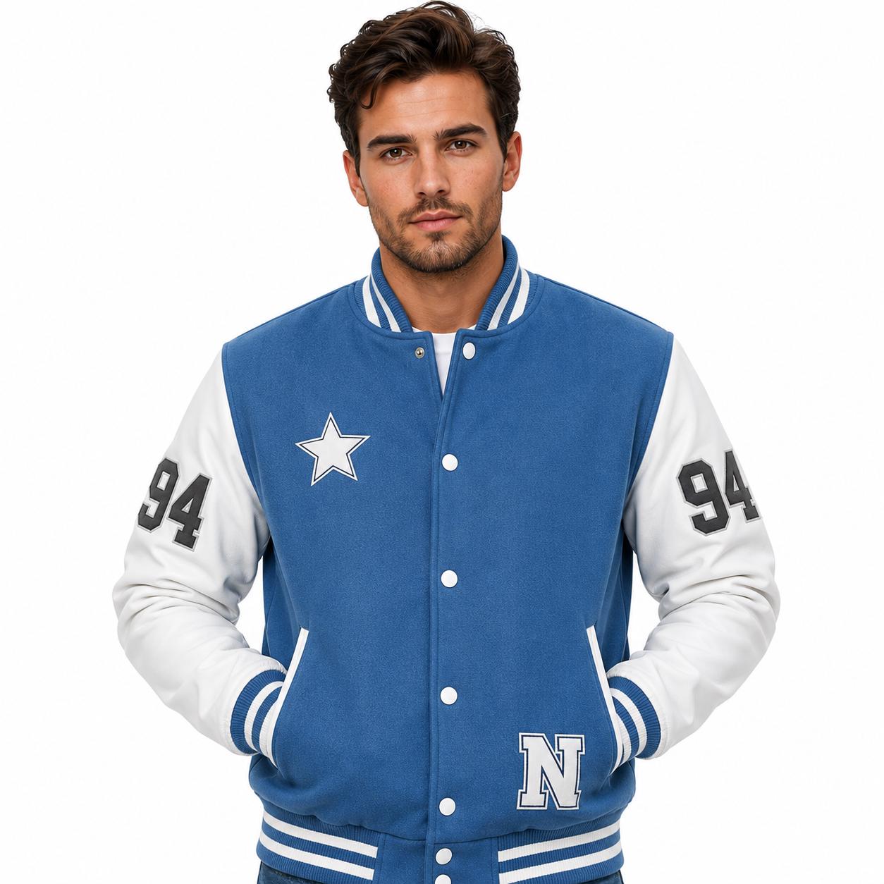 Blue Custom Embroidered Leather Varsity Jacket College Letterman