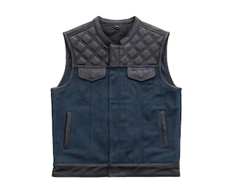 Men's Blue and Black Leather Denim Motorcycle Vest | Diamond Quilted Biker Waistcoat