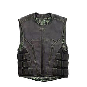 Zwart rundleren bodywarmer: heren biker SWAT-stijl met paisley-voering