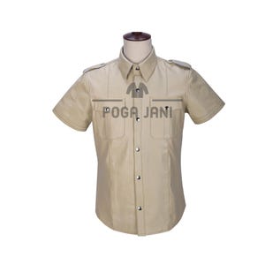 Men&#39;s Real Cowhide Leather Breeches Shirt Highway Police Uniform Beige Cow Leather Shirt Military Dress Motorcycle Shirt Short sleeves Shirt