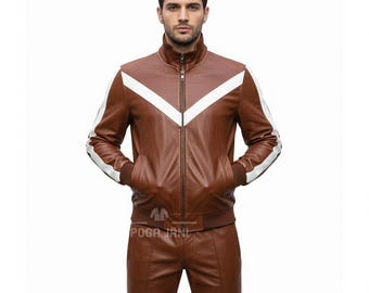 Handmade Brown Cowhide Leather Tracksuit | Men's Bomber Jacket & Pants