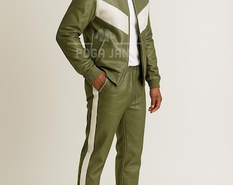 Olive Green Cowhide Leather Tracksuit with White Stripe | Men’s Casual Sporty Leather Suit | Stylish Bomber Style Outfit - Jogger set