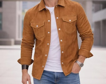 Chemise homme en daim de mouton marron rougeâtre - Surchemise de luxe coupe slim