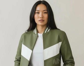 Olive Green Cowhide Leather Tracksuit | Women's Striped Jacket & Joggers