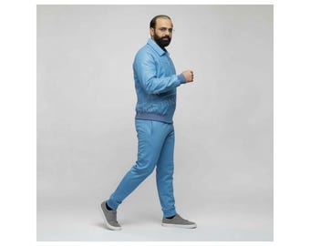 Men's Light Blue Cowhide Leather Tracksuit | Handmade Jogger Set
