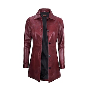 Women&#39;s BURGUNDY Sheepskin Leather Long Coat - Woman Leather Trench Coat 5 Button Warm Blazer Winter Coat - Ladies Leather Coat Gift For Her