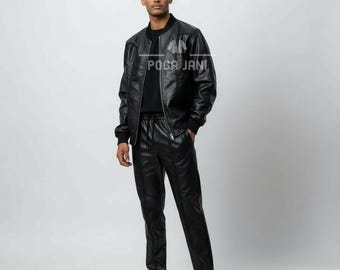 Chándal de piel de vacuno negra hecho a mano / Chaqueta bomber y pantalones deportivos para hombre