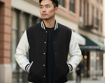 Black Varsity Jacket with White Leather Sleeves | Custom Letterman Jacket | Personalized Baseball College Jacket Available in 10 Plus Color