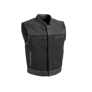 Men&#39;s Black Leather & Denim Motorcycle Vest - Handmade Biker Waistcoat
