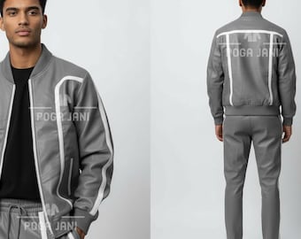 Men's Gray Leather Track Suit | Handmade Cowhide Bomber Jacket & Pants
