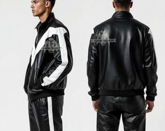 Survêtement en cuir Brayden pour homme – Survêtement en cuir de vachette véritable | Survêtement de créateur noir et blanc, tenue de style motard de luxe pour le jogging