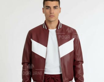 Men’s Wine Red Cowhide Leather Tracksuit with White Stripes | Luxury Leather Jogging Suit | Handmade Two Piece Leather Set - Gift for Him