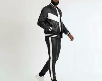 Handmade Black & White Cowhide Leather Tracksuit | Men's Striped Streetwear Set