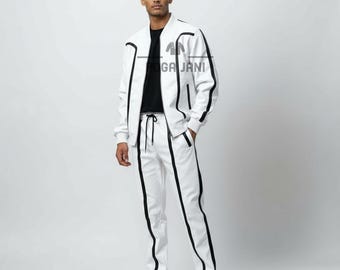 Men’s White & Black Leather Tracksuit | 2 Piece Bomber Jacket and Pants Set | Handmade Cowhide Streetwear | Luxury Men Designer Outfit