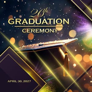 Może przedstawiać: Grafika cyfrowa na ceremonię ukończenia szkoły. Projekt zawiera czapkę absolwenta, złote gwiazdy i tekst "20. Uroczystość Ukończenia Szkoły" z datą 30 kwietnia 2027 r. Wyświetlana jest również nazwa szkoły.