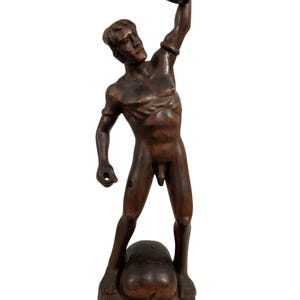 Vintage Hand-Carved Wooden Warrior Sculpture – Tribal Style Figure Holding Severed Head – Primitive Art