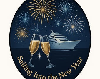 Puede incluir: Diseño circular con fondo azul marino con un crucero, fuegos artificiales y dos copas de champán. El texto "Sailing Into the New Year" está escrito en oro alrededor de la parte inferior del círculo.