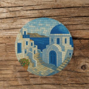 Santorini Mosaic Ceramic Coaster, Decorative Drink Coaster Set, Home Bar Decor, Kitchen Gift, Coastal Aesthetic Decor