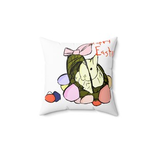 Celebración colorida del Conejo de Pascua: Conejo de dibujos animados caprichoso, huevos pastel festivos. Almohada.