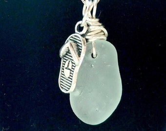 Sea Glass Necklace, Beach Glass Jewelry, Mothers Day Gift, Beach Jewelry, Flip Flop Necklace, Charm Necklace, Gift For Mom