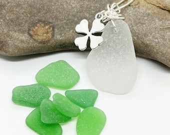 Sea Glass Necklace, St Patrick's Day Necklace, Sea Glass Shamrock Necklace, Sea Glass Jewelry, White Sea Glass Jewelry,  Gift For Her