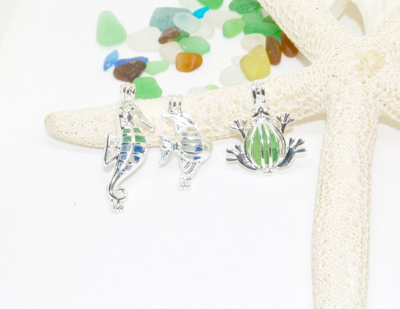 Sea Glass Charm Jewelry, Seahorse Charm Necklace, Sea Glass Locket, Silver Jewelry, Gift For Her image 8