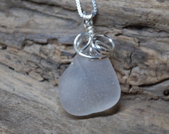 White Sea Glass Necklace, Frosted White Sea Glass, Wire Wrapped Necklace, Seaglass Gift, Sea Glass