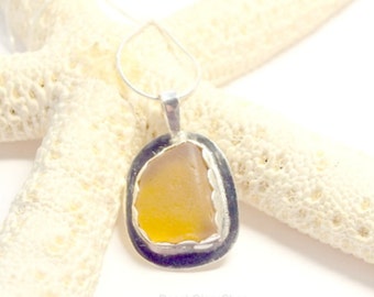 Yellow Sea Glass Necklace, Sea Glass Gift, Sterling Sea Glass Necklace, Rare Sea Glass Necklace, Yellow Vintage Glass Jewelry