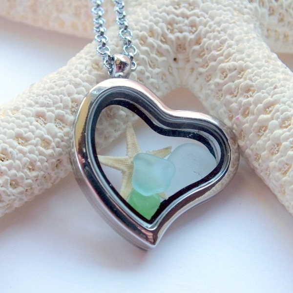 Beach Glass Heart Locket Sea Glass Necklace Cleveland Beach FREE Shipping
