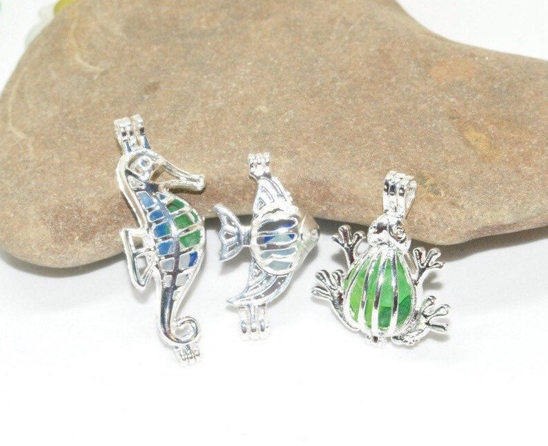Sea Glass Charm Jewelry, Seahorse Charm Necklace, Sea Glass Locket, Silver Jewelry, Gift For Her image 1