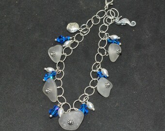 Sea Glass Bracelet, Lake Erie Beach Glass Bracelet, Sterling Silver, Crystals Bracelet, Seahorse Charm